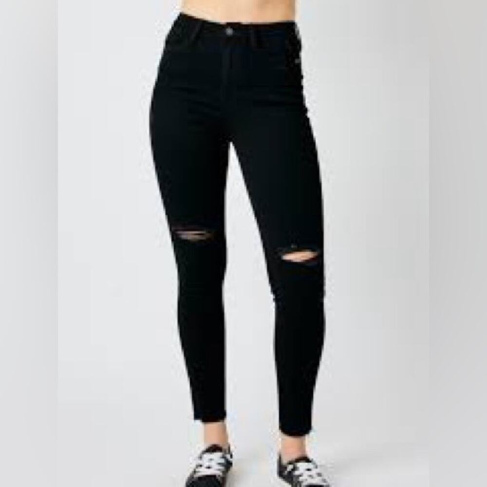 Judy Blue Slim Fit Stretchy Distressed Raw Hem Black Jeans Size 14W 1185
